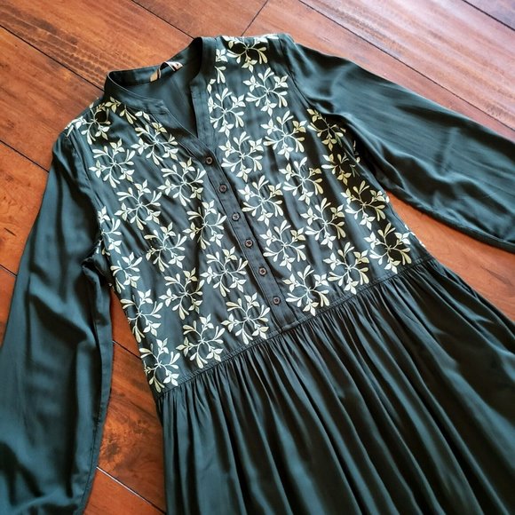 Embroidered Gown Deep Forest Maxi Dress 100% Rayon V Neck Button Front - Picture 2 of 10